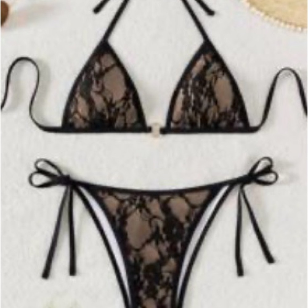 Black Lace Triangle Bikini Set - Women's Swim